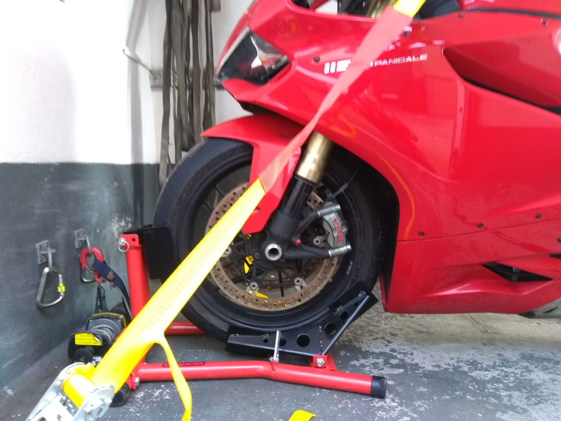 Red Ducati safely strapped in | LBT Motorcycle Recovery