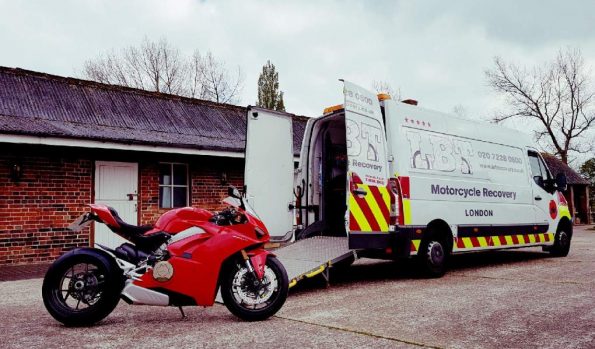 Red Ducati ready to load onto our LBT van